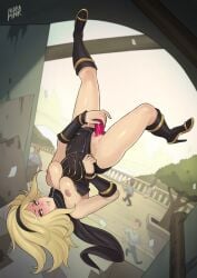 1girls areolae artist_signature blonde_hair blush boots breasts dildo dildo_in_pussy dildo_insertion female female_only floating gravity_rush hi_res hidrapink high_heels kat_(gravity_rush) light-skinned_female light_skin long_hair masturbation nipples public red_eyes sex_toy solo solo_female sweat thick_thighs thighs uncensored upside-down