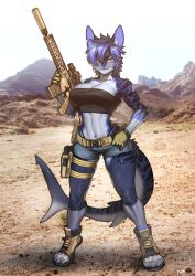 1girls anthro background belt big_breasts blue_eyes breasts clothed clothed_female countershading desert female fit fit_female fur furry grey_fur gun hair hybrid jorts midriff pgm300 photo_background posing_with_weapon purple_fur rifle schewiener shark_tail short_shorts solo standing work_gloves