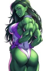 1girls ass back bangs bare_shoulders biceps big_breasts colored_skin dat_ass female female_only fingerless_gloves fully_clothed gloves green-skinned_female green_body green_eyes green_hair green_skin grin highleg highleg_leotard highres hulk_(series) leotard long_hair looking_at_viewer looking_back marvel marvel_comics muscles muscular muscular_female parted_bangs purple_gloves purple_leotard rear_view revealing_clothes she-hulk shouji_nigou simple_background smile solo thick_thighs two-tone_leotard white_background white_leotard