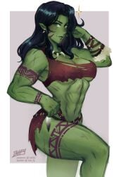 1girls abs alternate_species arm_up artist_name biceps black_hair border breasts cleavage clothed colored_skin cosplay earrings feathers female female_only green-skinned_female green_eyes green_skin grey_background hand_on_hip hulk_(series) iahfy k-y-h-u long_hair looking_at_viewer marvel marvel_comics muscles muscular muscular_female necklace oerba_yun_fang orc orc_female pointy_ears revealing_clothes she-hulk simple_background solo tattoo thick_thighs thighs tooth_necklace torn_clothes tribal_clothing tribal_markings white_border