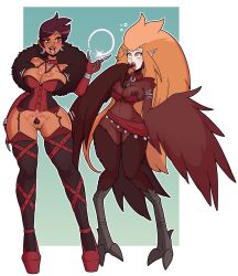 2girls aged_up bimbo dark-skinned_female eda_clawthorne female femdom femsub fur_coat fur_collar harpy harpy_eda high_heels huge_ass huge_breasts implied_transformation luz_noceda monster_girl monsterification multiple_girls navel nipples pubic_hair straight_hair the_owl_house thick_lips thick_thighs tongue_out transformation wide_hips wrenzephyr2