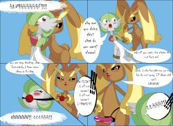 absurd_res anthro ball_gag bondage bound brown_body brown_fur comic dildo duo english_text female female/female forced fur gag gagged gardevoir green_hair hair hi_res humanoid lopunny nintendo pokémon_(species) pokemon pokemon_(species) rape reimon reimon-master-ii sex_toy speech_bubble strap-on text video_games yuri