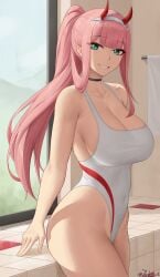 1girls 2022 alternate_breast_size breasts competition_swimsuit darling_in_the_franxx female female_only green_eyes hi_res hips horns huge_breasts long_hair naughty_face one-piece_swimsuit pink_hair slim_waist smile thick_thighs thighs wide_hips zaphn zero_two_(darling_in_the_franxx)