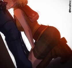 1boy artist_name ashley_graham ashley_graham_(brooke_elizabeth_mathieson) bangdacy blonde_hair blush boots cum_in_mouth fellatio female from_side head_out_of_frame heart implied_fellatio knee_boots kneeling leon_scott_kennedy lower_body male open_fly oral resident_evil resident_evil_4 saliva saliva_drip skirt trembling twitter_username