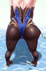 ass ass_focus clothed_female genshin_impact legs matrix16 mona_(genshin_impact) pantyhose water wet wet_ass wet_clothes