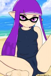 azurestar bathing_suit blush feet inkling inkling_girl nintendo purple_hair pussy_juice soles splatoon vaginal_juices wet wet_pussy