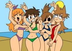 5:7 beach bikini blue_bikini blue_bikini_bottom blue_bikini_top bra brown_hair brown_hair_female eddsworld ell_(eddsworld) ellsworld green_bikini green_bikini_bottom green_bikini_top long_orange_hair looking_at_another looking_at_viewer matilda_(eddsworld) one_arm_up one_piece_swim_suit orange_hair orange_hair_female purple_bikini purple_bikini_bottom purple_bikini_top red_sling_bikini sand short_brown_hair sling_bikini tamara_(eddsworld) three-quarter_portrait tori_(eddsworld)