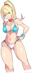 1girls bikini blonde_hair blue_eyes breasts cleavage enpe female female_only large_breasts metroid nintendo samus_aran solo swimsuit white_background