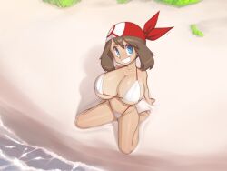 alternate_breast_size bandana beach big_breasts breasts_bigger_than_head brown_hair cleavage huge_breasts may_(pokemon) micro_bikini mystical plantpenetrator pokemon pokemon_rse sand sitting smiling smiling_at_viewer swimsuit tan tan_skin teeth thong