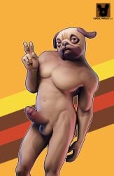 anthro balls canine doggo_(fortnite) dollymolly323 domestic_dog fortnite fur furry looking_at_viewer male male_focus male_only muscles muscular muscular_male nude peace_sign pecs penis v video_games