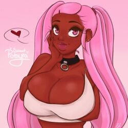 1girls 2021 arm_under_breasts artist_signature big_breasts cleavage collar dark-skinned_female dark_skin emi_(sweet_potayta) female female_only freckles hand_on_cheek heart hi_res long_hair looking_at_viewer mole original pink_background pink_eyes pink_hair pink_lipstick solo solo_female sweet_potayta tank_top twintails upper_body