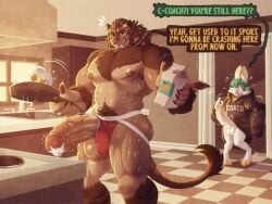 2boys age_difference animal_genitalia animal_penis anthro balls bodily_fluids clothed clothing cum dialogue duo equine_penis erection eyewear felid feline final_fantasy final_fantasy_xiv food fur furry furry_only game_freak genital_fluids genitals glasses hair hrothgar inside k_jukesnsfw kidde_jukes kitchen lagomorph leporid male male/male male_only mammal morning muscular muscular_anthro muscular_male nintendo nipples nude open_mouth oscar_malphas pecs penis pokémon_(species) pokemon rabbit saggy_balls scorbunny size_difference small_but_hung smile square_enix sweat text video_games white_body white_fur younger_male