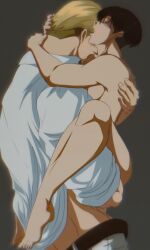 2boys arm_around_neck attack_on_titan barefoot black_hair black_hair_bottom blonde_hair blonde_hair_on_black_hair blonde_hair_top carrying_partner domination erwin_smith gay levi_ackerman light_hair_on_dark_hair male male/male male_only male_penetrated male_penetrating male_penetrating_male nala1588 open_mouth shingeki_no_kyojin stand_and_carry_position tagme yaoi