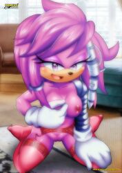 accessory anthro archie_comics areola bbmbbf blush breast_grab breasts detailed_background feet female furry gloves half-closed_eyes julie-su kneeling lingerie looking_at_viewer mobius_unleashed palcomix pink_body pink_fur pink_hair purple_eyes pussy seductive_look sega solo sonic_(series) sonic_the_hedgehog_(archie) sonic_the_hedgehog_(comics) teenage_girl teenager