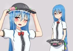 blue_hair blush cum cum_in_hair cum_in_hat cum_in_headwear cum_on_face cum_wearing peach_(fruit) red_eyes tagme tenshi_hinanawi touhou zakku_(kya--193)