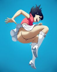 1girls anus asian ass black_hair casual cute dat_ass female footwear going_commando gorillaz happy heels hi_res high_heel_boots human jumping looking_at_viewer looking_down no_panties noodle_(gorillaz) outta_sync pale_skin pink_shirt pussy smiling_at_viewer upskirt white_boots