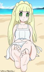 azurestar barefoot beach bikini blonde_hair feet feet_together foot_focus green_eyes lillie_(pokemon) nail_polish pale_skin pokemon pokemon_sm skirt soles