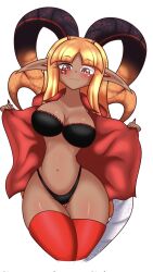 1girls artist_request bangs big_breasts blush bra breasts cleavage clothing dark-skinned_female dark_skin dragon_girl flashing horns hourglass_figure lingerie long_hair looking_at_viewer looking_down navel orange_hair panties pointy_ears presenting red_eyes red_jacket ruzuu simple_background tail thick_thighs thighhighs virtual_youtuber white_background