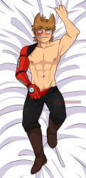 1boy abs animal_ears artist_name bed body_pillow breasts eddsworld eddsworld_future eli_johnson humanoid lip_biting looking_at_viewer male male_nipples male_only male_pubic_hair muscles muscular_male no_visible_genitalia noseless pecs pubes red_leader_(eddsworld) robotic_arm smooth_skinned_male solo suggestive_gesture tord tord_(eddsworld)