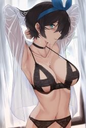 1girls aqua_eyes armpits arms_behind_head arms_up black_bra black_choker black_garter_belt black_hair black_lingerie blue_bow blush bow bra breasts choker cum_on_armpits curtains female female_focus female_only garter_belt hair_over_one_eye hairbow highres i-chandraws kanojo_okarishimasu large_breasts lingerie looking_at_viewer navel open_clothes open_shirt parted_lips sarashina_ruka sexy_armpits shirt short_hair solo stomach strap_gap sweat underwear wet wet_clothes wet_shirt white_shirt window