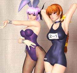 3d animal_ear ayane_(doa) bunny_ear bunnysuit dead_or_alive erect_nipples fishnet_pantyhose fishnets human human_only kasumi_(doa) name name_(nahopa!) name_tag one-piece_swimsuit pantyhose polygon school_swimsuit siblings sisters swimsuit wrist_cuffs