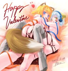 2006 2girls animal_ear barefoot blonde_hair blue_eyes blue_hair blush chocolate feet female female_only firefox firefox-tan foreshortening fox_ear fox_tail happy_valentine heart licking lying multiple_girls naked_chocolate naked_ribbon nude os-tan paw_print piro_(artist) ribbon short_hair signature site-tan tail thighhighs thunderbird-tan valentine yellow_eyes yuri