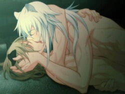 2boys animal_ears blonde_hair cat_ears catboy closed_eyes french_kiss game_cg kissing konoe lamento male multiple_boys nude rai_(lamento) sex sweat white_hair yaoi