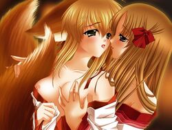 2girls animal_ears azuma_hatsumi blonde_hair blush breast_grab breasts brown_hair carnelian eye_contact female fox_ears fox_tail fujihime fur furry_ears furry_tail game_cg hair kissing kitsune large_breasts long_hair looking_at_another meirin multiple_females multiple_girls mutual_yuri nipples purple_eyes ribbon source_request tail yami_to_boushi_to_hon_no_tabibito yuri