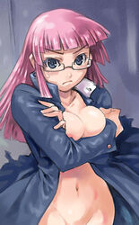 1girls areola areola_slip blue_eyes blush breast_hold breast_squeeze breasts female glasses long_hair maruto maruto! no_bra no_panties open_clothes open_shirt pink_hair shirt solo sweat