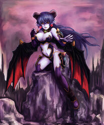 1girls armor astaroth astaroth_(shinrabanshou) big_wings black_sclera blue_hair blue_skin clothing demon demon_girl demon_horns demon_wings fully_clothed horns kara_(color) long_hair pointy_ears shinrabanshou solo wings yellow_eyes