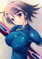 amei_sumeru blush breasts brown_hair china_dress chinadress chinese_clothes earrings erect_nipples huge_breasts impossible_clothes impossible_clothing impossible_shirt jewelry original purple_eyes shiny shiny_clothes shirt short_hair skin_tight smile