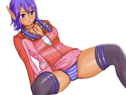 1girls annoyed artist_request black_legwear breasts choker cleavage dark_skin female karen_erra leaning_back long_sleeves lowres no_pants panties pantyshot pantyshot_(sitting) pantyshot_sitting phantasy_star phantasy_star_universe pointy_ears print_legwear purple_eyes purple_hair purple_panties simple_background sitting solo source_request spread_legs striped striped_panties thighhighs underwear white_background