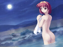 ass hairband kamigishi_akari moon nude onsen red_eyes red_hair ribbon solo to_heart to_heart_(series) towel water