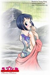 blue_eyes blue_hair blush bob_cut dragon highres japanese_clothes love_hina maehara_shinobu onsen outdoors outside short_hair solo tattoo undressing young_wang