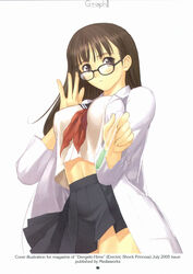 1girls adjusting_glasses black_hair brown_eyes clothing dengeki_hime female female_only glasses highres labcoat long_hair midriff panties pleated_skirt scan school_uniform science seifuku serafuku skirt solo taka_tony test_tube underwear white_panties