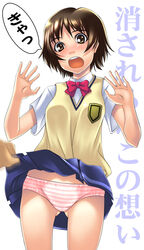 breasts brown_eyes brown_hair dialogue enf female human japanese_text kaminagi_ryoko maihara_matsuge medium_breasts panties pink_panties school_uniform seifuku serafuku short_hair simple_background skirt skirt_lift sleeveless_sweater solo striped striped_panties sweater sweater_vest text translation_request underwear vest white_background zegapain