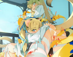 2girls animal_ears aqua_eyes ass ass_grab blonde_hair blue_eyes cat_ears cat_tail consensual_tentacles creature dress female hugging implied_penetration maruku multiple_girls original panties ribbon siblings side-tie_panties snake tail tentacle tentacles_under_clothes thighhighs twins underwear wallpaper white_panties yuri