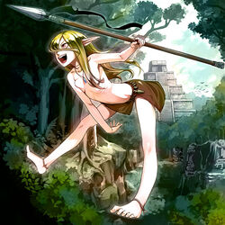 anklet barefoot elf feet female female_only forest humanoid jewelry jungle karukaru loincloth long_hair nature original outdoors pointy_ears polearm pyramid ribs ruins skinny solo spear temple topless tribal weapon