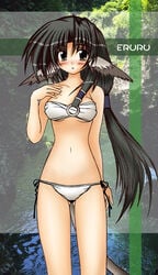 animal_ear bikini black_hair blush brown_eyes character_name dog_ear english eruru_(utawarerumono) lingerie long_hair ponytail solo swimsuit tail tied_hair underwear utawarerumono