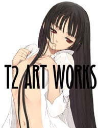 1girls areolae bangs black_hair blunt_bangs enma_ai female female_only flat_chest hair_in_mouth head_tilt hime_cut japanese_clothes jigoku_shoujo kimono long_hair mouth_hold navel no_bra open_clothes open_kimono open_shirt original red_eyes shirt solo taka_tony very_long_hair