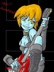 artist_request blue_skin boots bra capcom clothing color darkstalkers female female_only fingerless_gloves footwear gloves guitar instrument lord_raptor lowres midnight_bliss rule_63 short_hair shorts small_breasts smile solo vampire_savior zabel_zarock