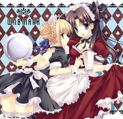 ahoge blonde_hair blue_eyes fate/stay_night fate_(series) maid saber thighhighs tohsaka_rin waitress wnb_mark