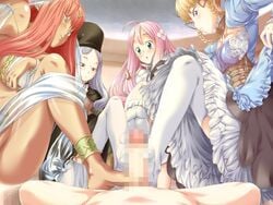 1boy 4girls a-10_(artist) ahoge anklet aqua_eyes aruto_wanetto blonde_hair censored dark-skinned_female dark_skin dress evangeline_(tekoire_princess) feet female ffffm_fivesome fivesome flower footjob francesca_(tekoire_princess) game_cg group_sex hair_flower hair_ornament jewelry legwear light-skinned_female light-skinned_male light_skin male_pov merveille mitsuru_(tekoire_princess) multiple_footjob multiple_girls penis pink_hair pov red_eyes red_hair stockings teamwork tekoire_princess! thighhighs white_hair