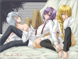 3boys aleph_coulson bed blonde_hair book dress_shirt harem human izumi_yura lou_simons lucid_atray male male_harem male_human multiple_boys necktie open_clothes open_shirt purple_hair school_uniform shirt silver_hair tie trap trap_on_trap wink yaoi yukyu_kumikyoku yura_izumi yuukyuu_gensoukyoku