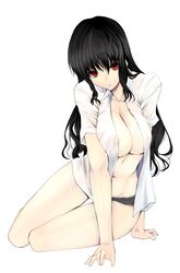 akahoshi_kenji arm_support barbecue_(artist) black_hair black_panties bottomless breasts lace-trimmed_panties long_hair no_pants open_clothes open_shirt original panties red_eyes see-through shirt sitting thigh_gap thighs underwear yokozuwari