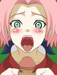 1boy 1girls blush censored fellatio female green_eyes hair human humanoid karsarutobi_asumaru male naruto naruto_(classic) open_mouth oral penis pink_hair sakura_haruno straight tongue uvula