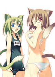 animal_ears ass ass_cleavage back bikini blue_eyes brown_hair butt_crack cat_ears face glasses green_hair grin looking_back lowleg lowleg_bikini manika monika name_tag naughty_face one-piece_swimsuit red_eyes school_swimsuit short_hair side-tie_bikini smile soine swimsuit tail wet white_bikini wink