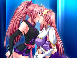 2girls :o armpits arms_behind_back ass asymmetrical_docking bangs blue_eyes blue_panties blush bondage bow breast_press breasts bridal_gauntlets bust capelet closed_eyes cuffs elbow_gloves embarrassed erect_nipples female game_cg gloves gundam gundam_seed gundam_seed_destiny hair_ornament hairbow handcuffs highleg highleg_leotard impossible_clothes impossible_clothing impossible_leotard indoors japanese_clothes kimono kissing lacus_clyne large_breasts leotard long_hair meer_campbell midriff multiple_girls natsuka_qya no_bra open_mouth panties pantyshot parted_bangs ponytail profile sash seed short_kimono sideboob skin_tight skirt star surprised thong tied_hair turtleneck underwear very_long_hair white_gloves yuri