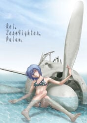 a6m_zero bikini blue_hair female highres meguro_fukuzou neon_genesis_evangelion palau rei_ayanami small_breasts solo swimsuit water