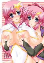 2girls bb blush breasts female gundam gundam_seed gundam_seed_destiny happy_water huge_breasts kizaki_yuuri lacus_clyne large_breasts meer_campbell multiple_girls nipples panties pink_panties underwear yuri